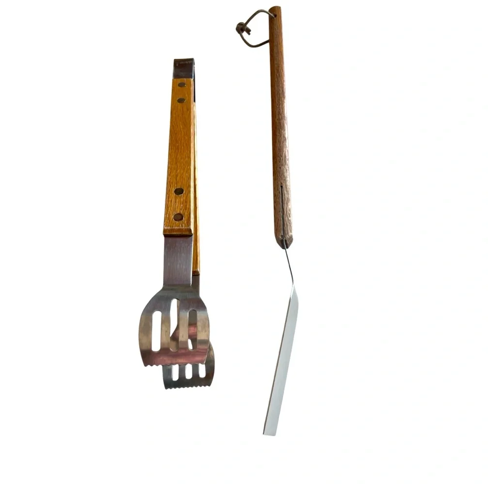 Weathered Professional Stainless Steel BBQ Spatula and Tongs with Wooden Handles